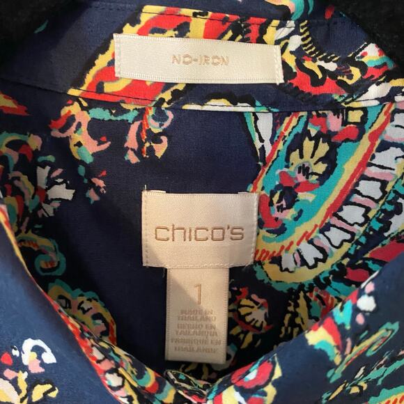 Chico's Women's size 1 / Medium / 8 Navy Blue Paisley Button Down Shirt Cotton - Picture 2 of 9